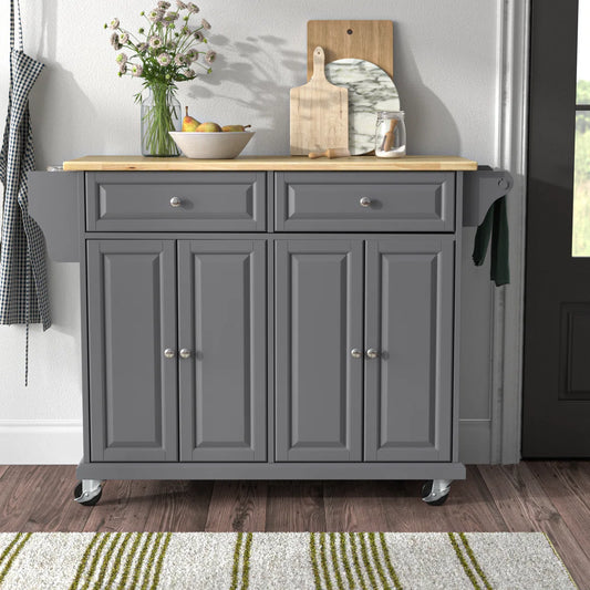 Kitchen Island Table with Solid Wood Countertop, Storage Cabinets &amp; Casters – 52-Inch Classic Design