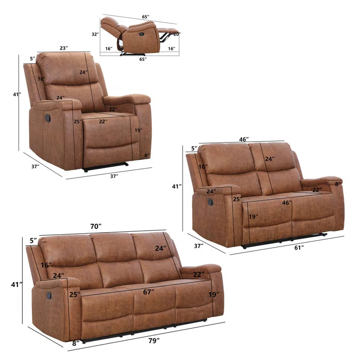 7 seater sofa seat: 3-Piece Vegan Leather Reclining Living Room Set