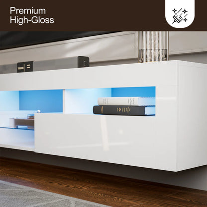 tv panel: 85" wall-mounted entertainment center, high-gloss white with LED and storage