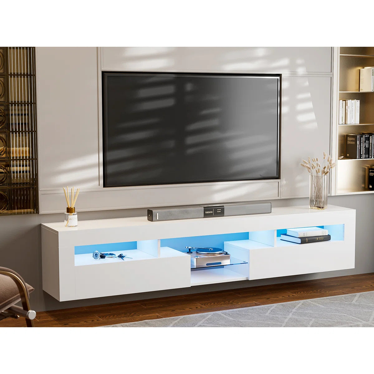 tv panel: 85" wall-mounted entertainment center, high-gloss white with LED and storage