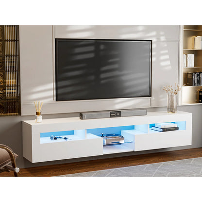 tv panel: 85" wall-mounted entertainment center, high-gloss white with LED and storage