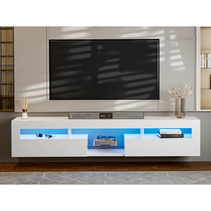 tv panel: 85" wall-mounted entertainment center, high-gloss white with LED and storage