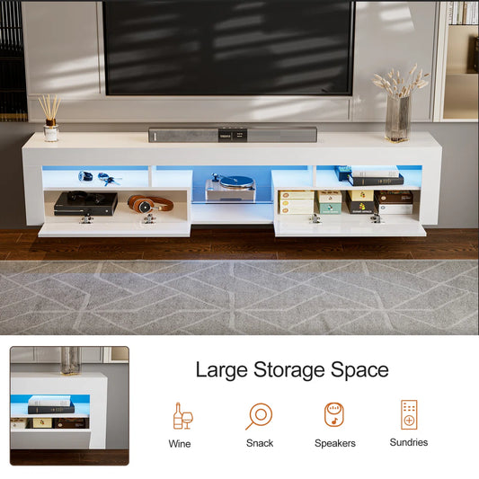 tv panel: 85" wall-mounted entertainment center, high-gloss white with LED and storage