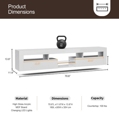 tv panel: 85" wall-mounted entertainment center, high-gloss white with LED and storage
