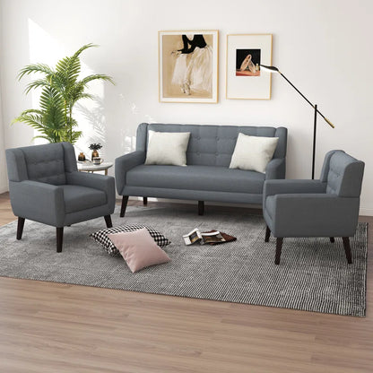 Luxury Sofa Sets: 3-Piece Mid-Century Modern Linen Sofa, Loveseat & 2 Chairs with Tufted Design