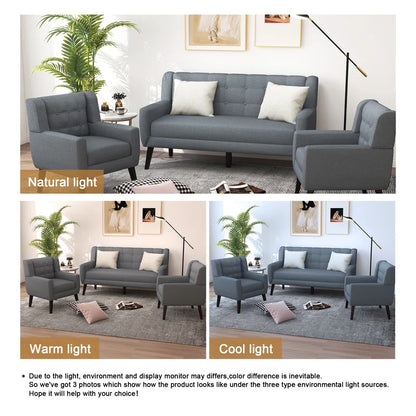 Luxury Sofa Sets: 3-Piece Mid-Century Modern Linen Sofa, Loveseat & 2 Chairs with Tufted Design