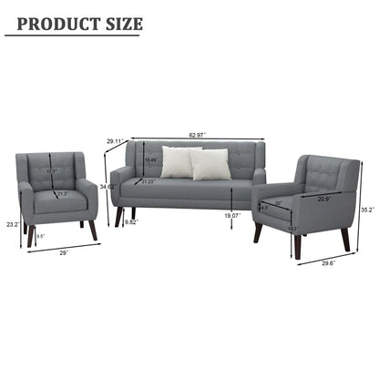 Luxury Sofa Sets: 3-Piece Mid-Century Modern Linen Sofa, Loveseat & 2 Chairs with Tufted Design