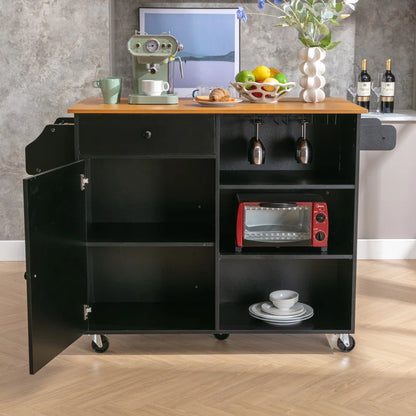 Kitchen Island Table with Drop Leaf, Drawers, Cabinet &amp; Wheels – 43.7 Inch with Ample Storage