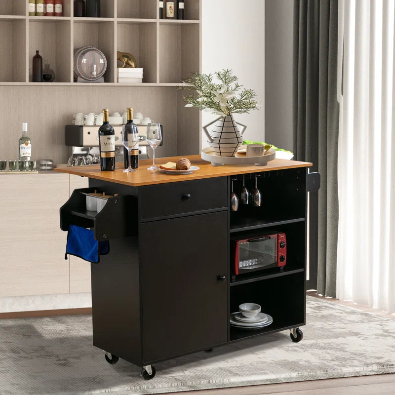Kitchen Island Table with Drop Leaf, Drawers, Cabinet &amp; Wheels – 43.7 Inch with Ample Storage
