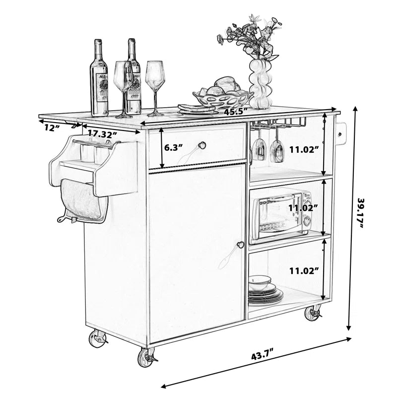 Kitchen Island Table with Drop Leaf, Drawers, Cabinet &amp; Wheels – 43.7 Inch with Ample Storage