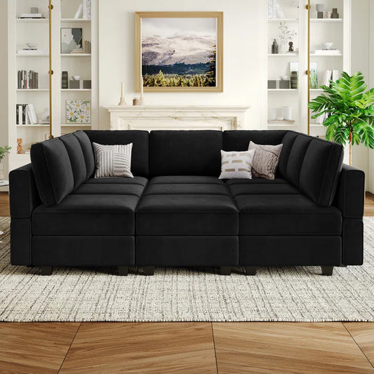 7 Seater Sofa Set:  90.2" Wide Velvet Reversible Modular Sectional with Storage & Sleeper Function