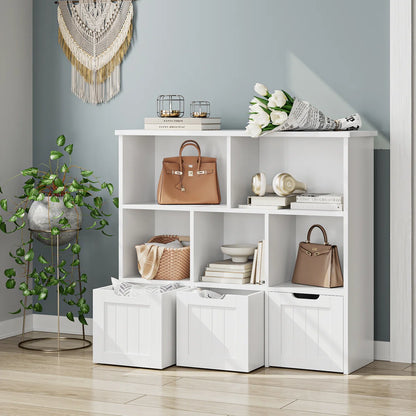 Kids Toy Storage Unit: 39.4'' Wide Engineered Wood Toy Organiser with Drawers, Shelves & Wheels