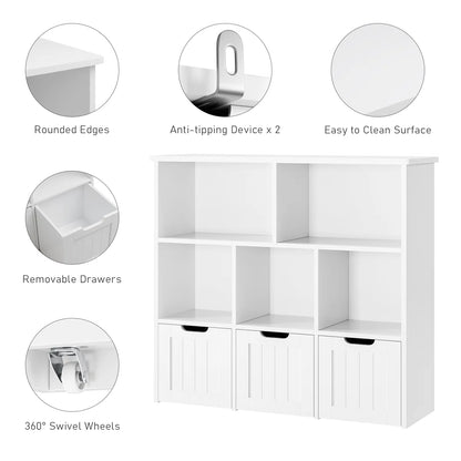 Kids Toy Storage Unit: 39.4'' Wide Engineered Wood Toy Organiser with Drawers, Shelves & Wheels