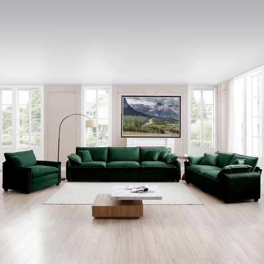 Luxury Sofa Sets: 3-Piece Oversized Corduroy Sectional Sofa Set with Chair, Loveseat & 6 Toss Pillows