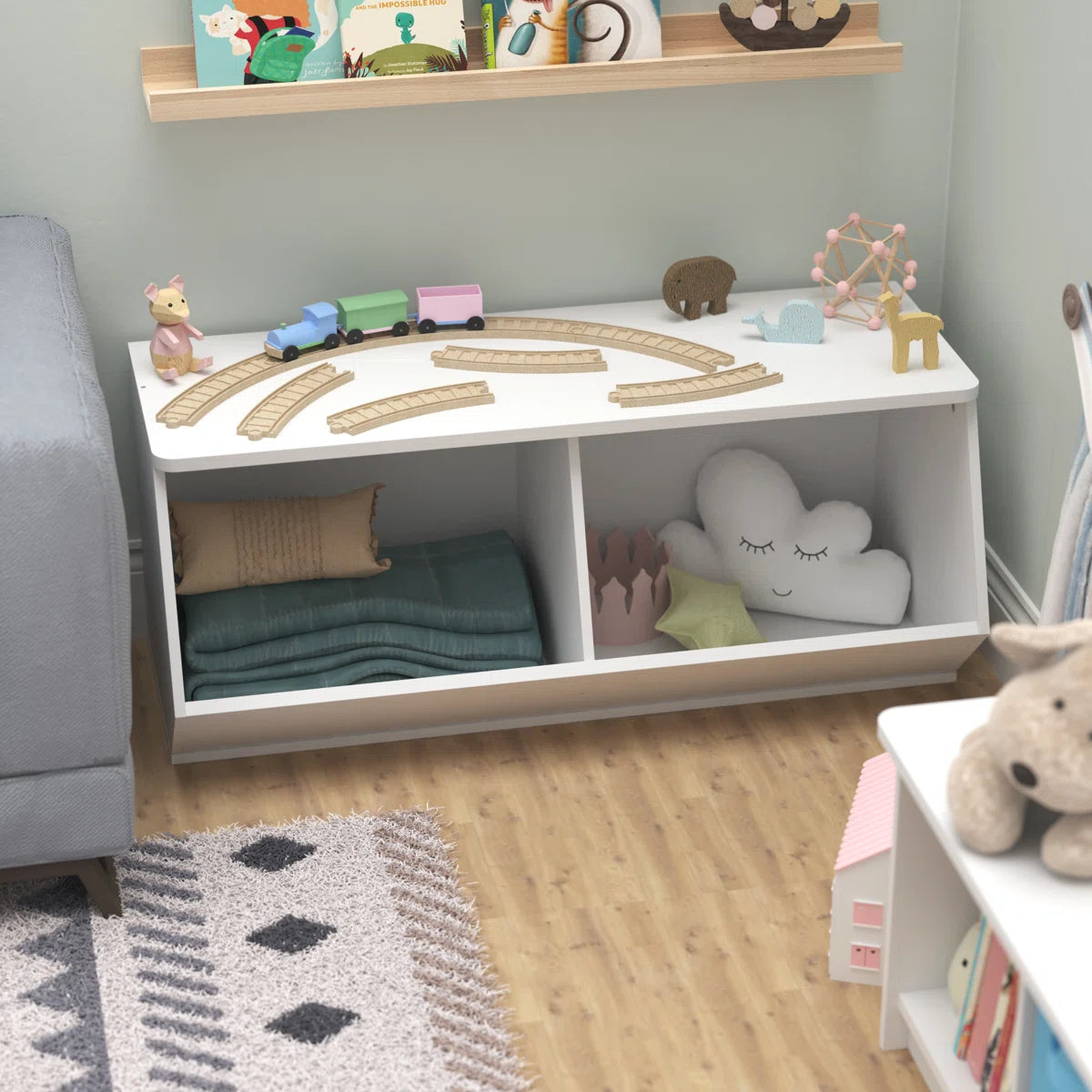 Kids Toy Storage Unit: 15.12'' Wide MDF Stackable Angled Organiser with 2 Compartments