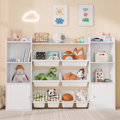 Kids Toy Storage Unit: 55.7" Wide Multi-Bin Organiser with Book Shelves & Cabinets