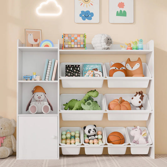 Kids Toy Storage Unit: 8-Bin Organiser with Bookshelves and Enclosed Cabinet