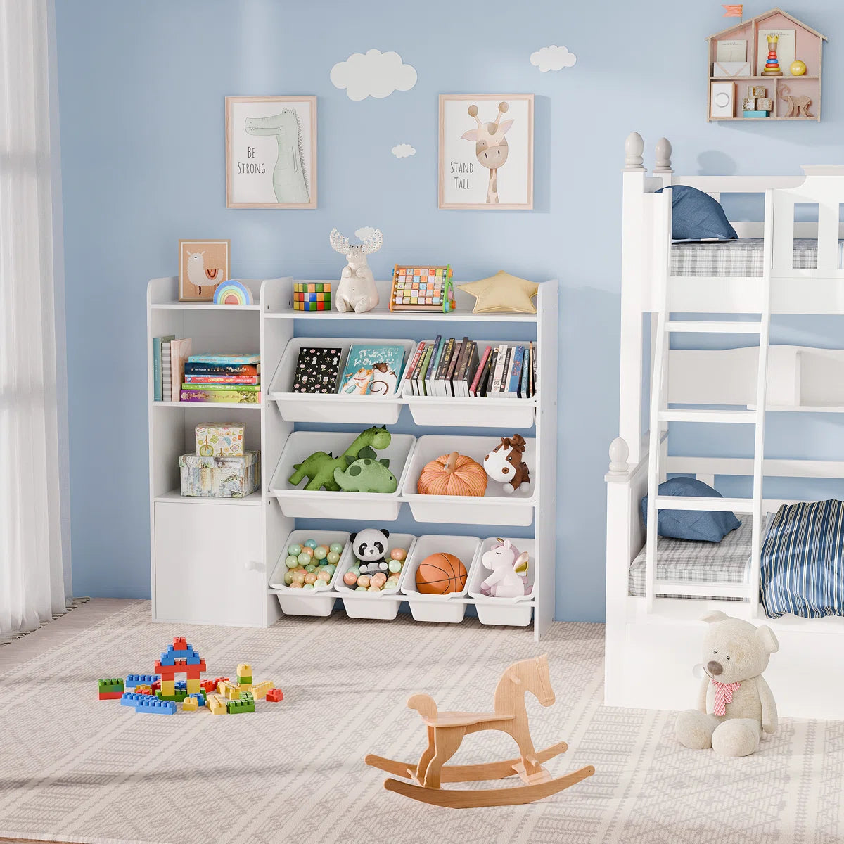 Kids Toy Storage Unit: 8-Bin Organiser with Bookshelves and Enclosed Cabinet