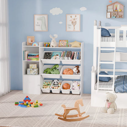 Kids Toy Storage Unit: 8-Bin Organiser with Bookshelves and Enclosed Cabinet