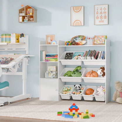 Kids Toy Storage Unit: 8-Bin Organiser with Bookshelves and Enclosed Cabinet