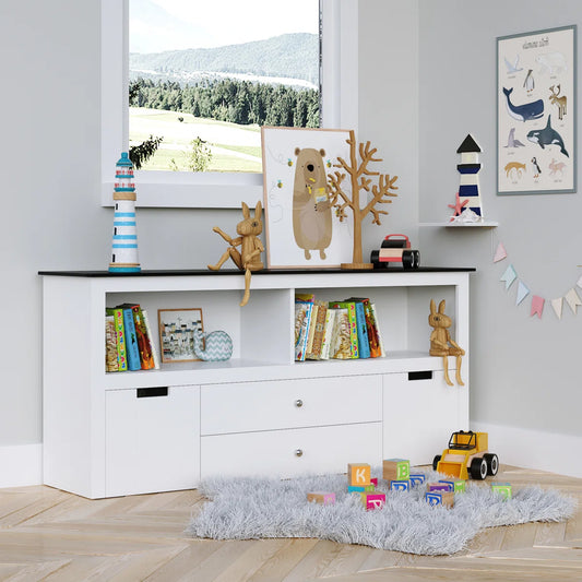 Kids Toy Storage Unit with Blackboard Top & 4-Box Organiser – White MDF Finish