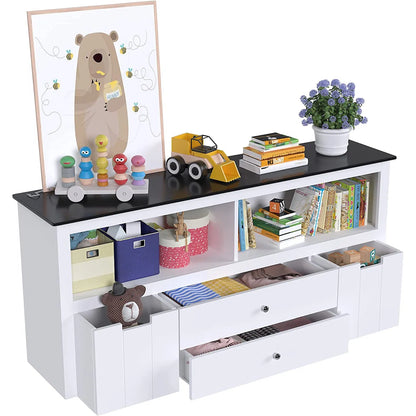 Kids Toy Storage Unit with Blackboard Top & 4-Box Organiser – White MDF Finish