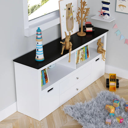Kids Toy Storage Unit with Blackboard Top & 4-Box Organiser – White MDF Finish