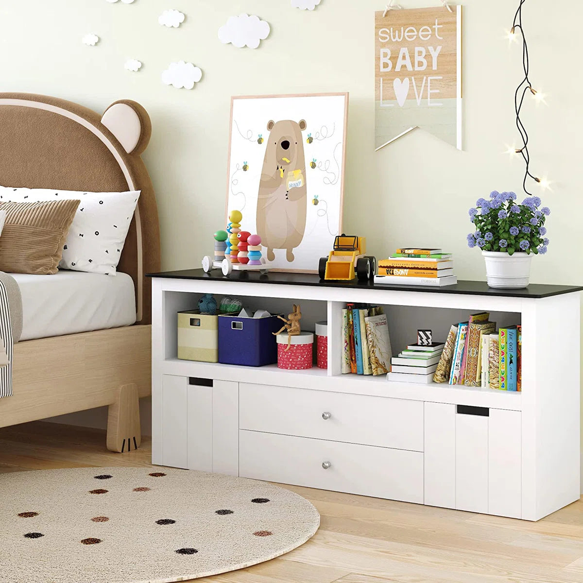 Kids Toy Storage Unit with Blackboard Top & 4-Box Organiser – White MDF Finish