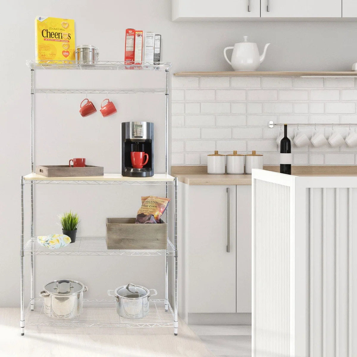 Tabletop Food Rack Kitchen Racks: A Baker's Rack in the Kitchen with a Wood Table and Sto ...