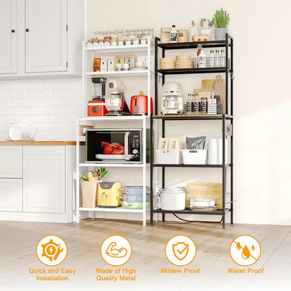 Kitchen Racks: 5-Tier microwave stand with storage, freestanding coffee bar table, and kitchen baker's rack with power outlets
