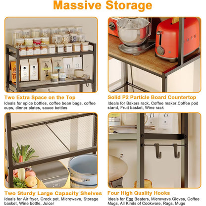 Kitchen Racks: 5-Tier microwave stand with storage, freestanding coffee bar table, and kitchen baker's rack with power outlets