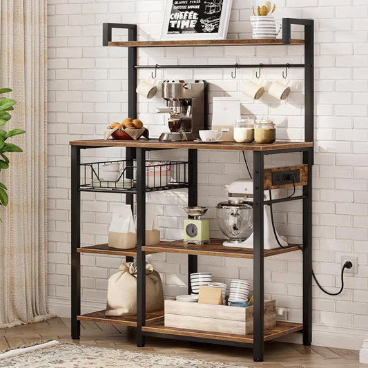 Microwave Stands: Kitchen Bakers Rack With Power Outlets, Shelves, Microwave Stand