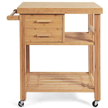 Kitchen Island Table: 32.5" Wide Natural Bamboo Kitchen Cart with Drawers, Shelves & Towel Rack