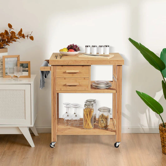 Kitchen Island Table: 32.5" Wide Natural Bamboo Kitchen Cart with Drawers, Shelves & Towel Rack
