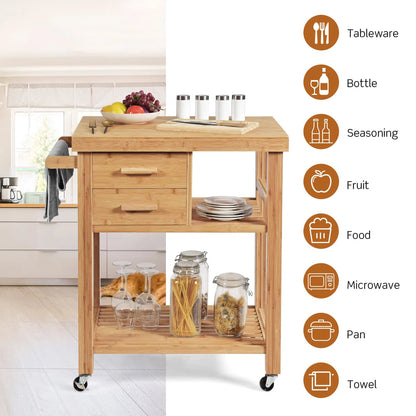 Kitchen Island Table: 32.5" Wide Natural Bamboo Kitchen Cart with Drawers, Shelves & Towel Rack