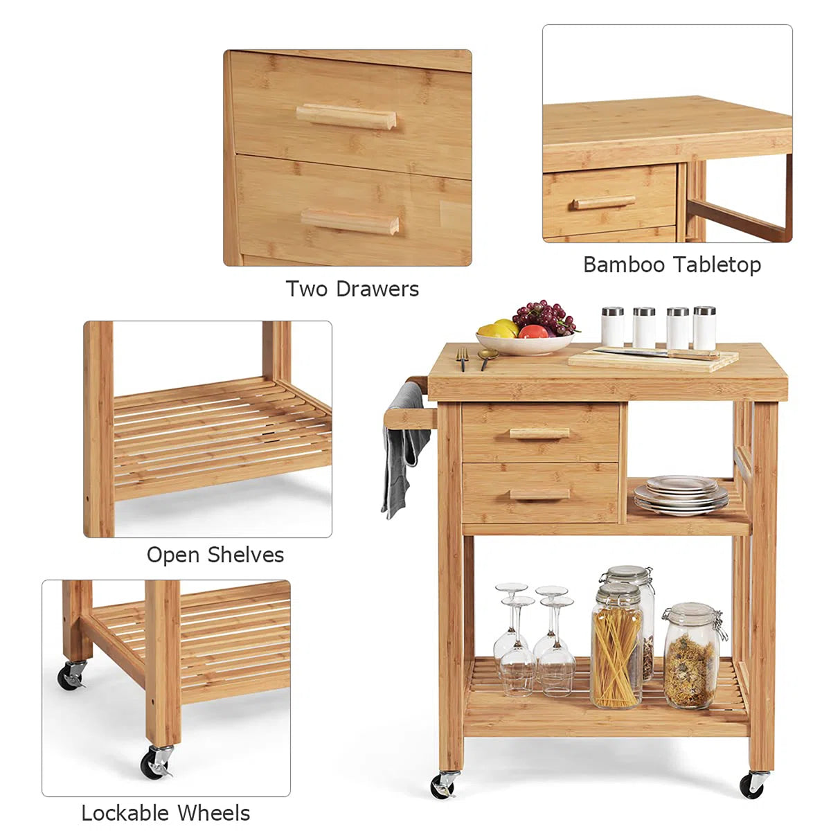 Kitchen Island Table: 32.5" Wide Natural Bamboo Kitchen Cart with Drawers, Shelves & Towel Rack