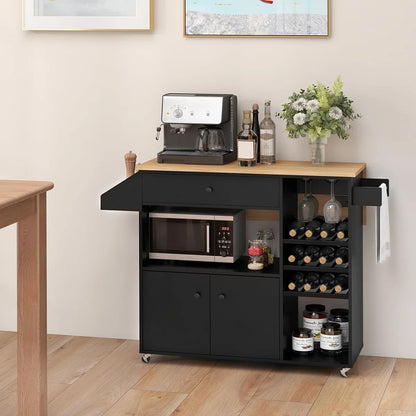 Kitchen Island Table with Drop-Leaf, Wine Rack Power Outlet – Multipurpose Trolley Cart for Kitchen &amp; Bar
