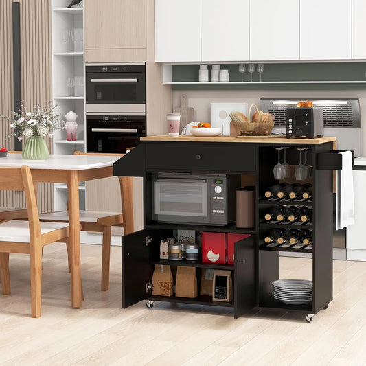 Kitchen Island Table with Drop-Leaf, Wine Rack Power Outlet – Multipurpose Trolley Cart for Kitchen &amp; Bar