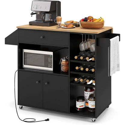 Kitchen Island Table with Drop-Leaf, Wine Rack Power Outlet – Multipurpose Trolley Cart for Kitchen &amp; Bar