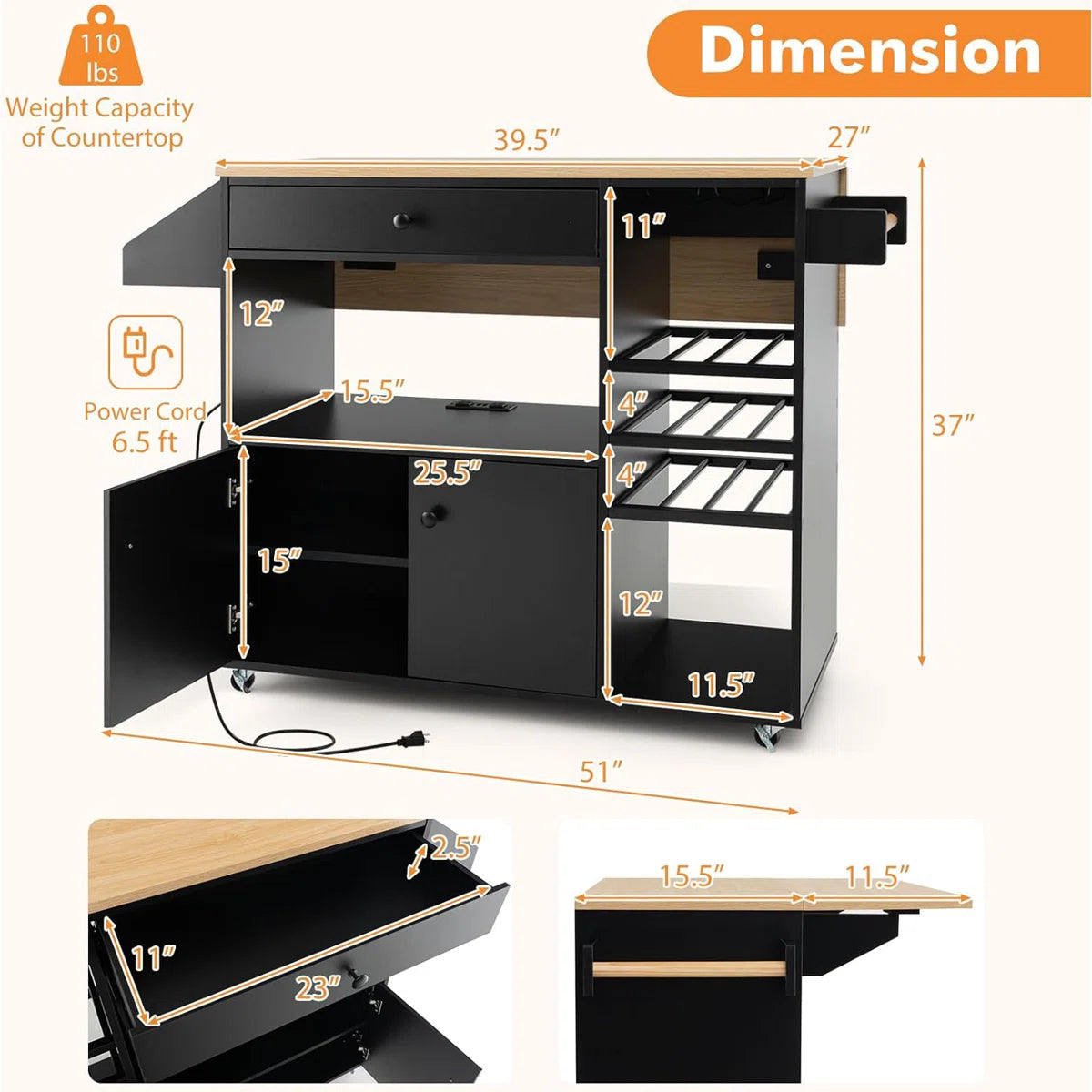 Kitchen Island Table with Drop-Leaf, Wine Rack Power Outlet – Multipurpose Trolley Cart for Kitchen &amp; Bar