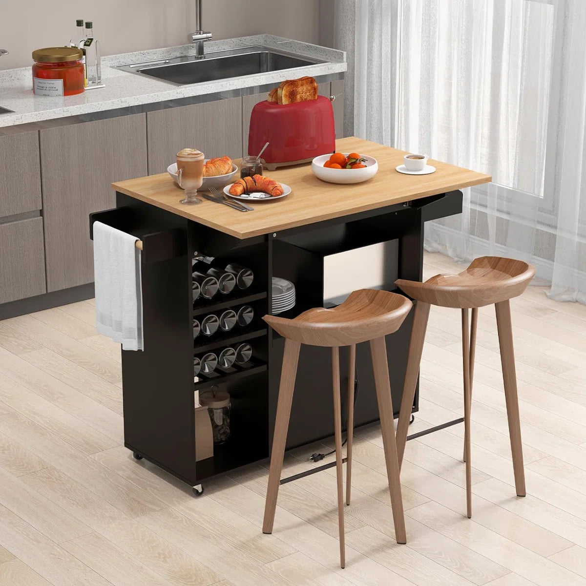 Kitchen Island Table with Drop-Leaf, Wine Rack Power Outlet – Multipurpose Trolley Cart for Kitchen &amp; Bar