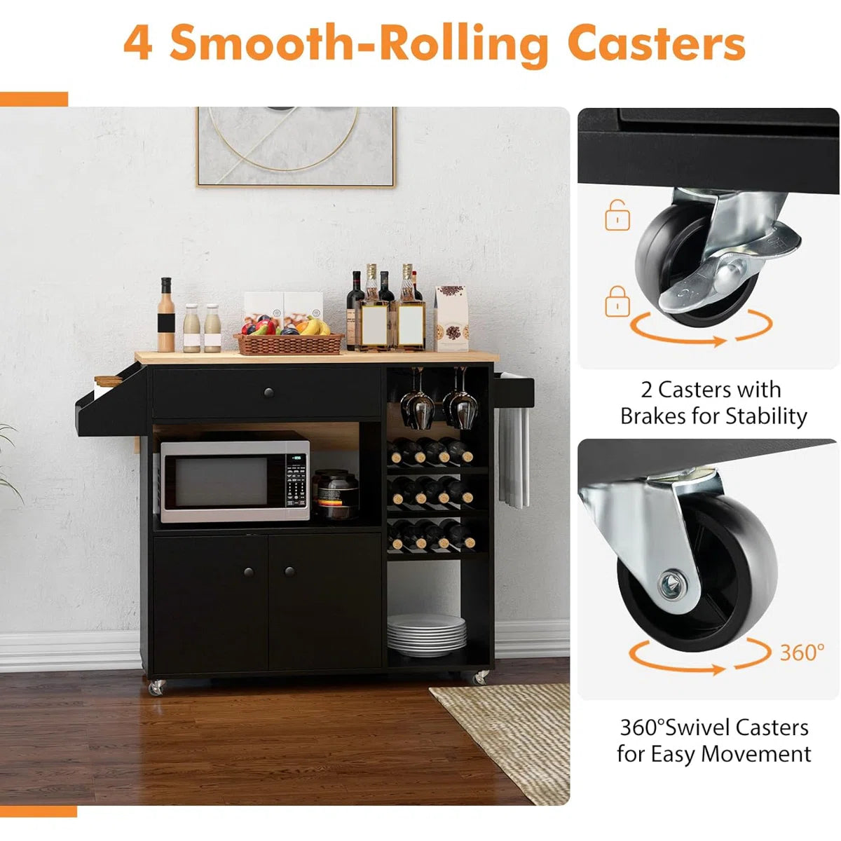 Kitchen Island Table with Drop-Leaf, Wine Rack Power Outlet – Multipurpose Trolley Cart for Kitchen &amp; Bar
