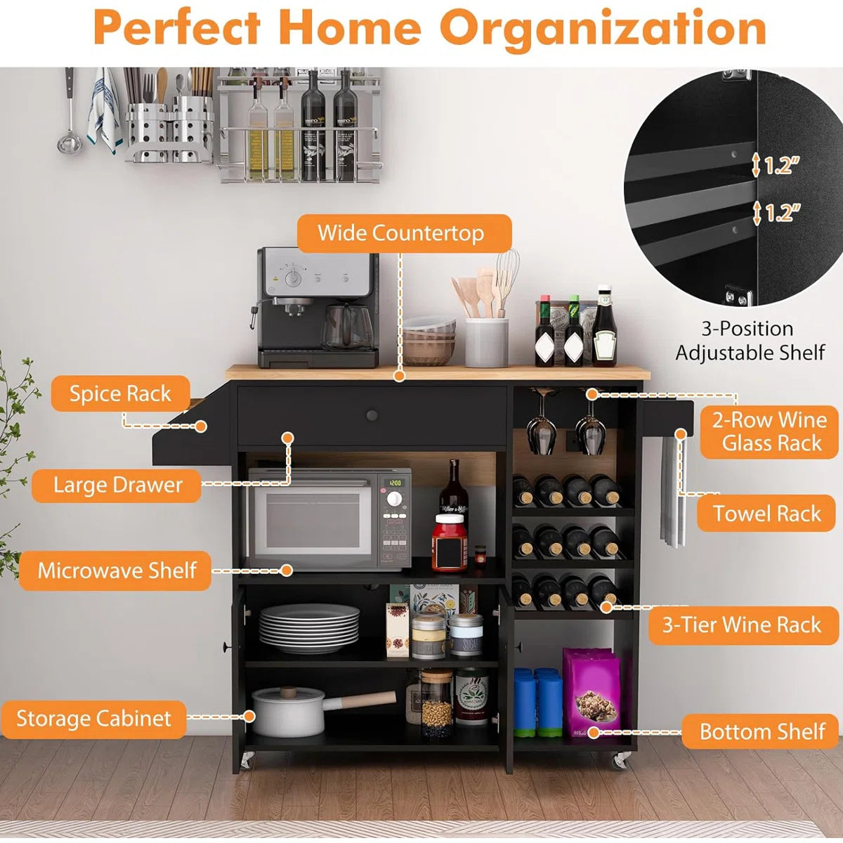 Kitchen Island Table with Drop-Leaf, Wine Rack Power Outlet – Multipurpose Trolley Cart for Kitchen &amp; Bar