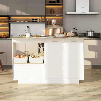 Kitchen Island Table: White Base Drop-Leaf Island with Storage & Light Wood Countertop