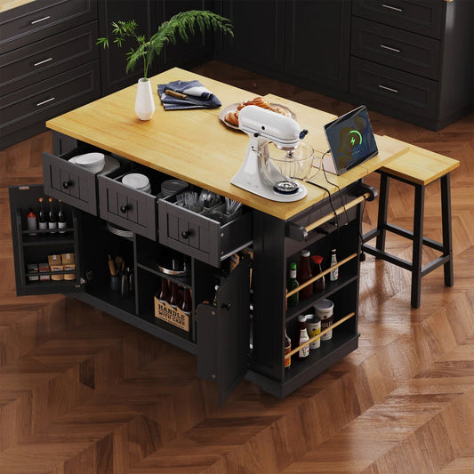 Kitchen Island Table: 53.14'' Modern Farmhouse Kitchen Cart with Drop Leaf, Barn Doors &amp; Charging Station