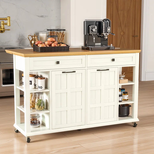 Kitchen Island Table: Expandable Rolling Cart with Power Outlets, USB Ports & Trash Bin Cabinet