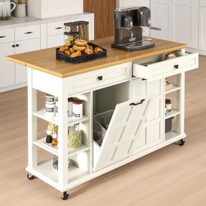 Kitchen Island Table: Expandable Rolling Cart with Power Outlets, USB Ports & Trash Bin Cabinet