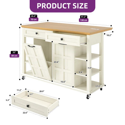 Kitchen Island Table: Expandable Rolling Cart with Power Outlets, USB Ports & Trash Bin Cabinet