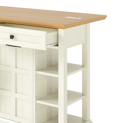 Kitchen Island Table: Expandable Rolling Cart with Power Outlets, USB Ports & Trash Bin Cabinet