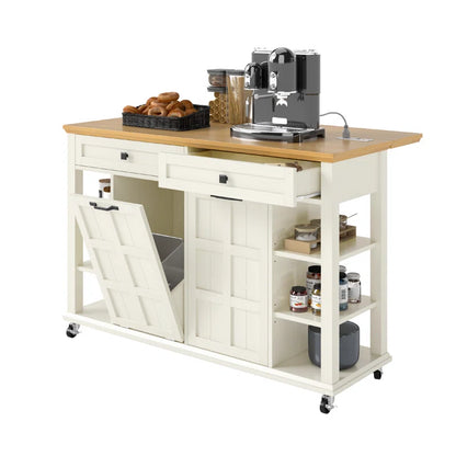 Kitchen Island Table: Expandable Rolling Cart with Power Outlets, USB Ports & Trash Bin Cabinet
